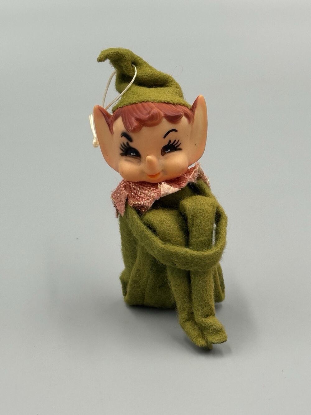 Vintage Japan Green Knee Hugger Elf Pixie Christmas Felt Ornament